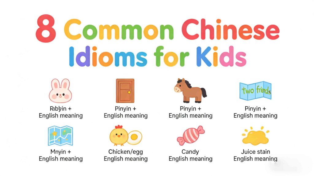 8 common Chinese idioms for kids - bilingual cover illustration