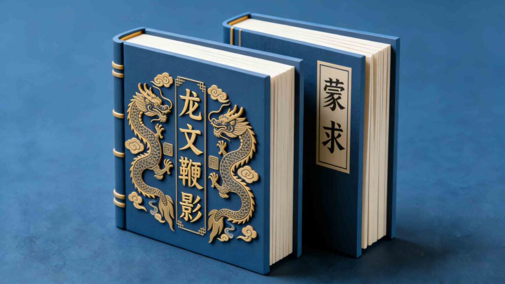 Two classical Chinese books: Longwen Bianying (with dragon pattern) and Mengqiu (dark blue cover)