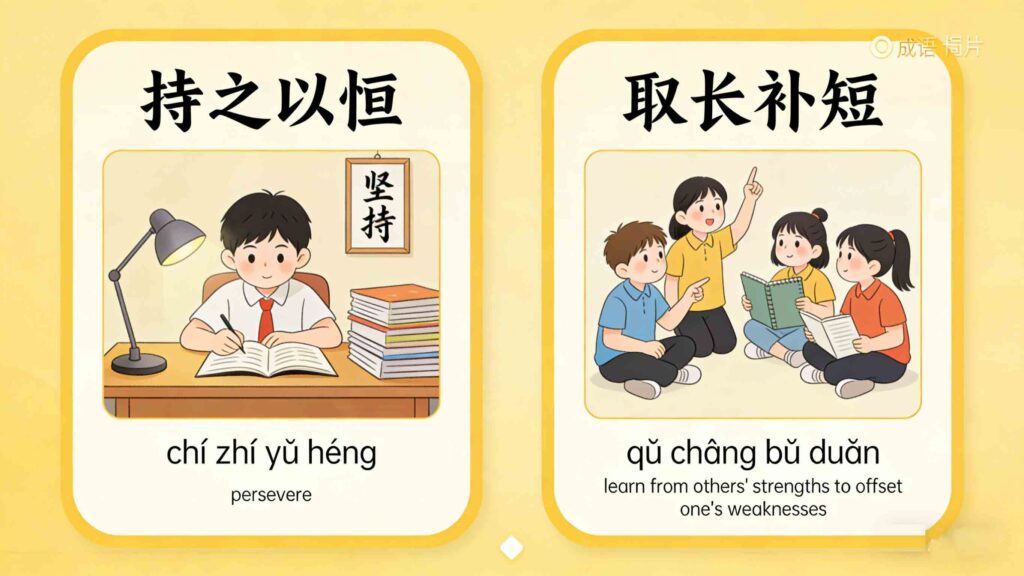 Top Chinese idioms for AP exam – 持之以恒 and 取长补短 with meanings and examples