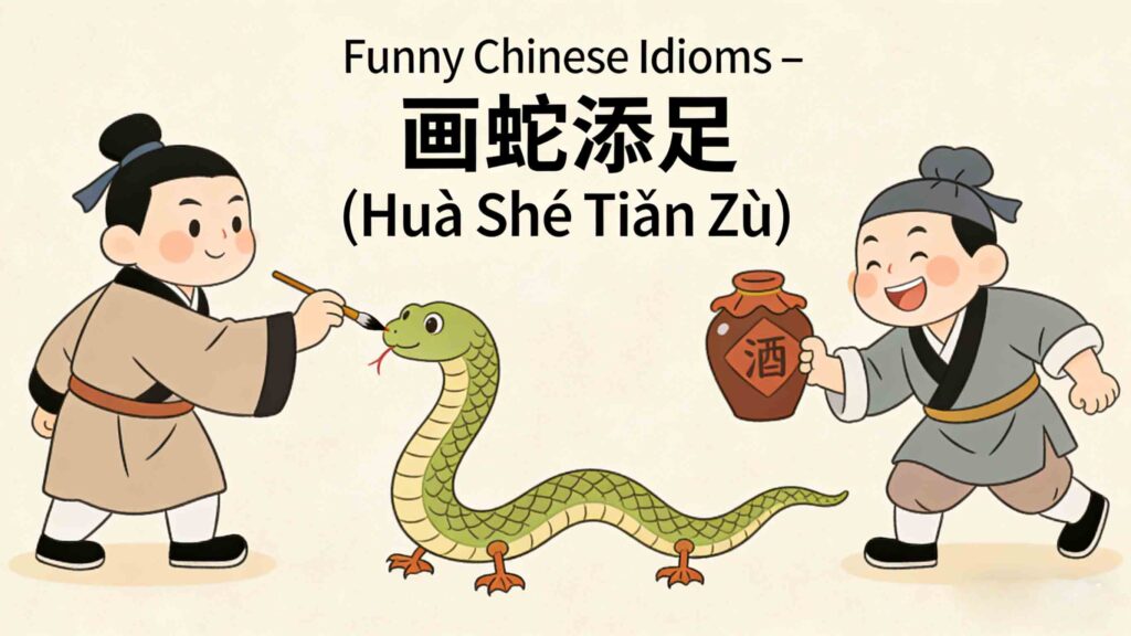 Funny Chinese idiom Huà Shé Tiān Zú (画蛇添足) – cartoon illustration of an ancient servant adding feet to a drawn snake while another servant snatches the wine pot, illustrating the funny meaning of overdoing something unnecessary.