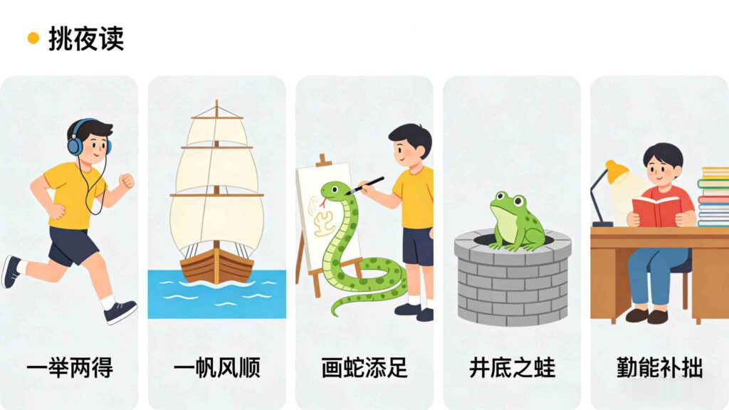 5 common Chinese idioms in sentences with visual examples