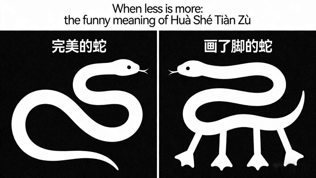 Origin story of the Chinese idiom Huà Shé Tiān Zú (画蛇添足) – split-panel illustration showing a servant drawing a snake on the ground and then foolishly adding legs, leading to another servant winning the wine.
