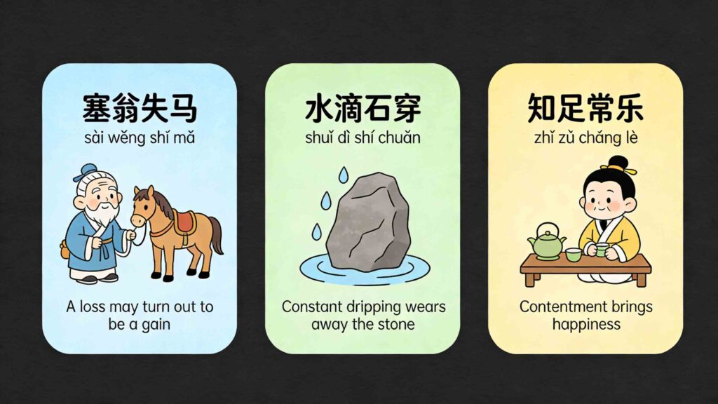 Top Chinese idioms about life – 塞翁失马,水滴石穿,知足常乐 with meanings
