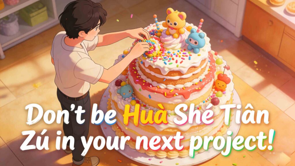 Modern usage of the Chinese idiom Huà Shé Tiān Zú (画蛇添足) – illustration of someone over-decorating a perfect cake, representing the funny meaning of doing extra and unnecessary things that ruin a good result.
