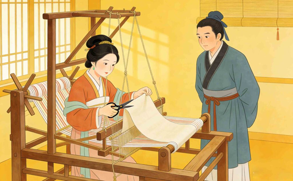 Chinese idiom story illustration: Le Yangzi's wife cutting cloth to teach perseverance, ancient Chinese culture art for kids learning