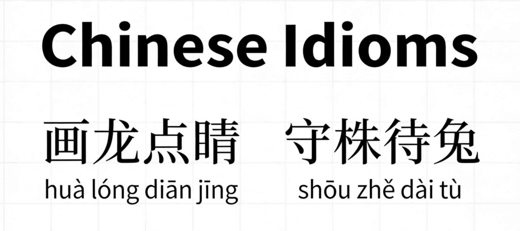 Chinese idioms printable PDF sample page, clean layout with characters and Pinyin