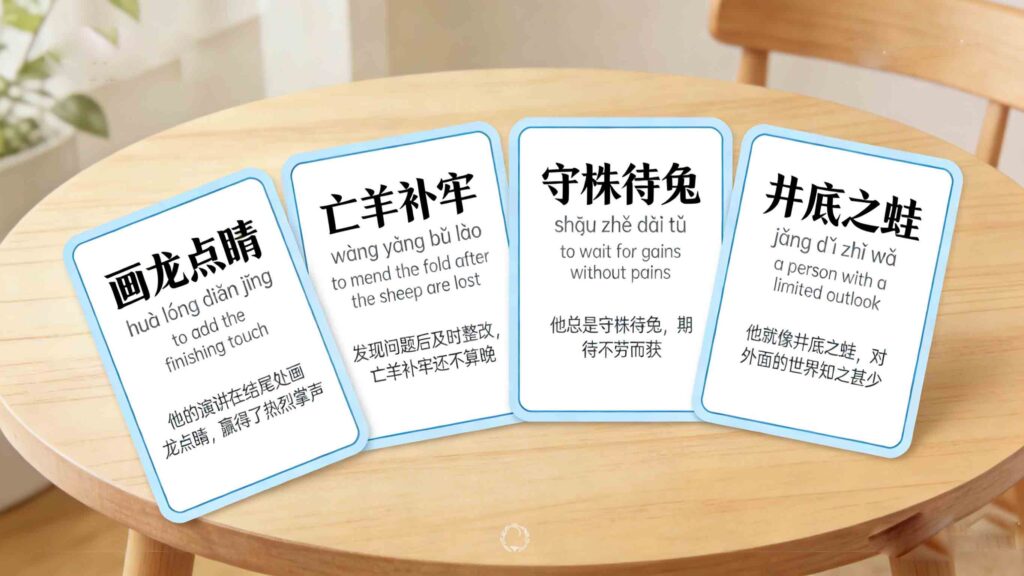 Printable Chinese idioms flashcards set with unique chengyu characters, Pinyin, definitions, and example sentences