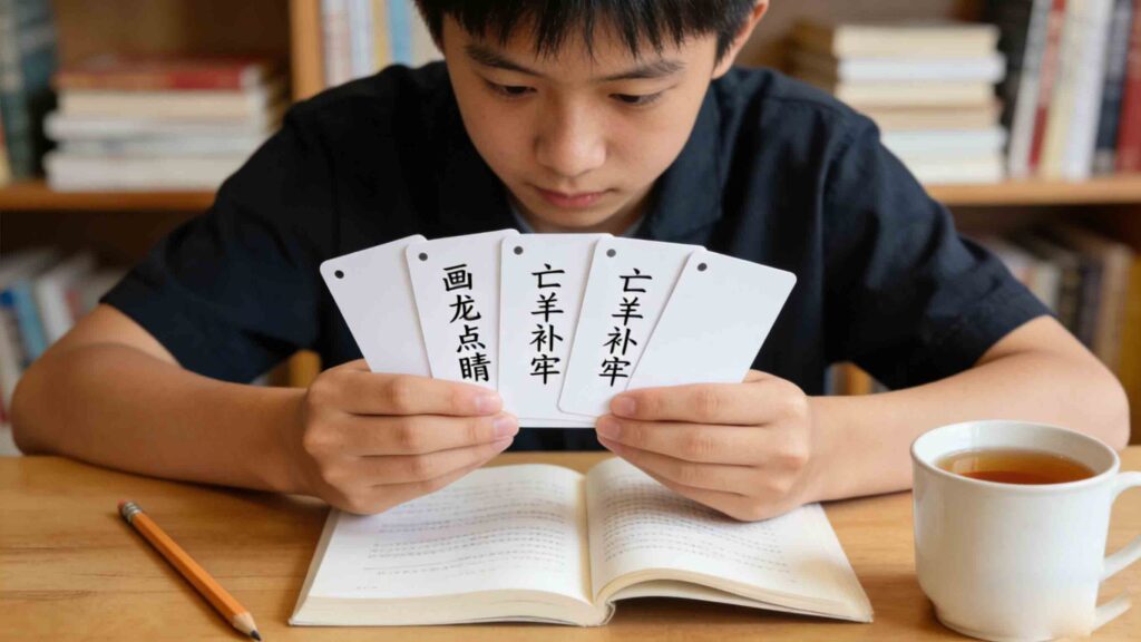 Student practicing with Chinese idioms flashcards in a portable study scene