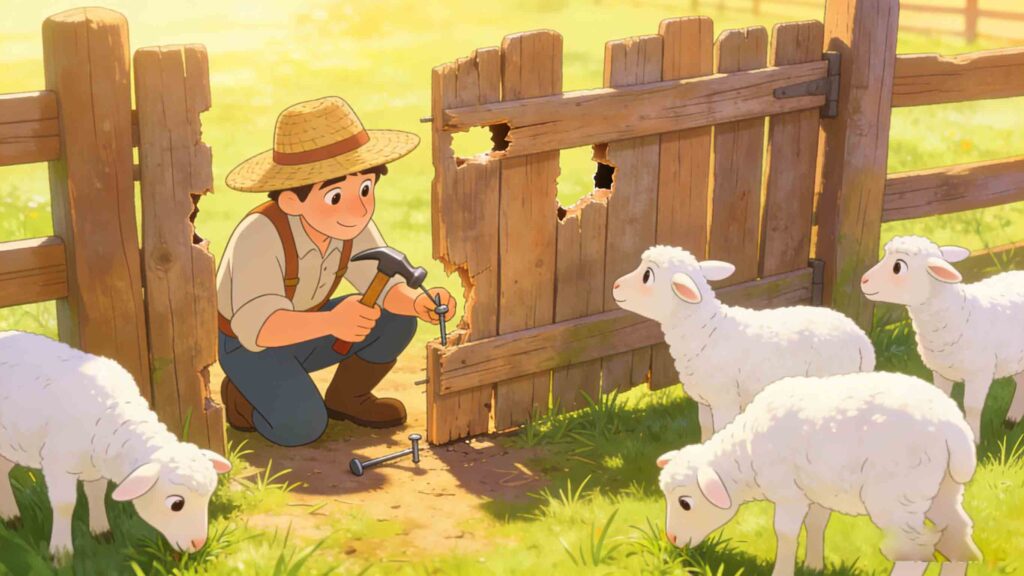 What are some idioms with the character ' 羊 '? 亡羊补牢 illustration