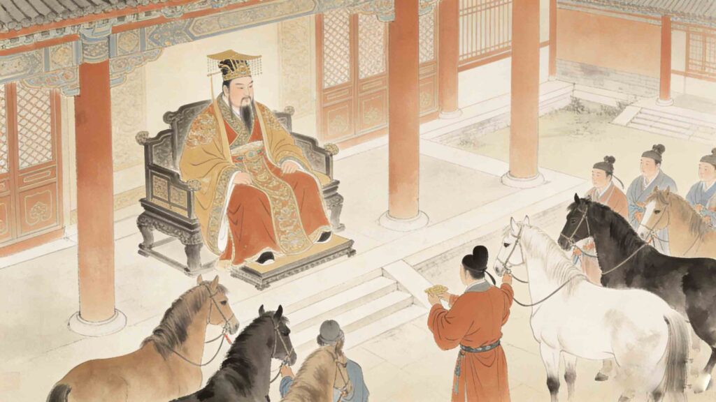 3D rendered traditional Chinese palace courtyard, King Xuan of Qi sitting on the throne, officials presenting horses, gentle ink wash color style, serene imperial atmosphere, horizontal 16:9 no text illustration