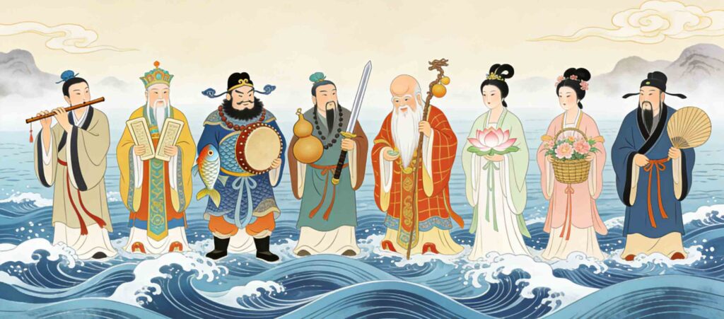 Horizontal illustration of the Eight Immortals crossing the sea with their magical items