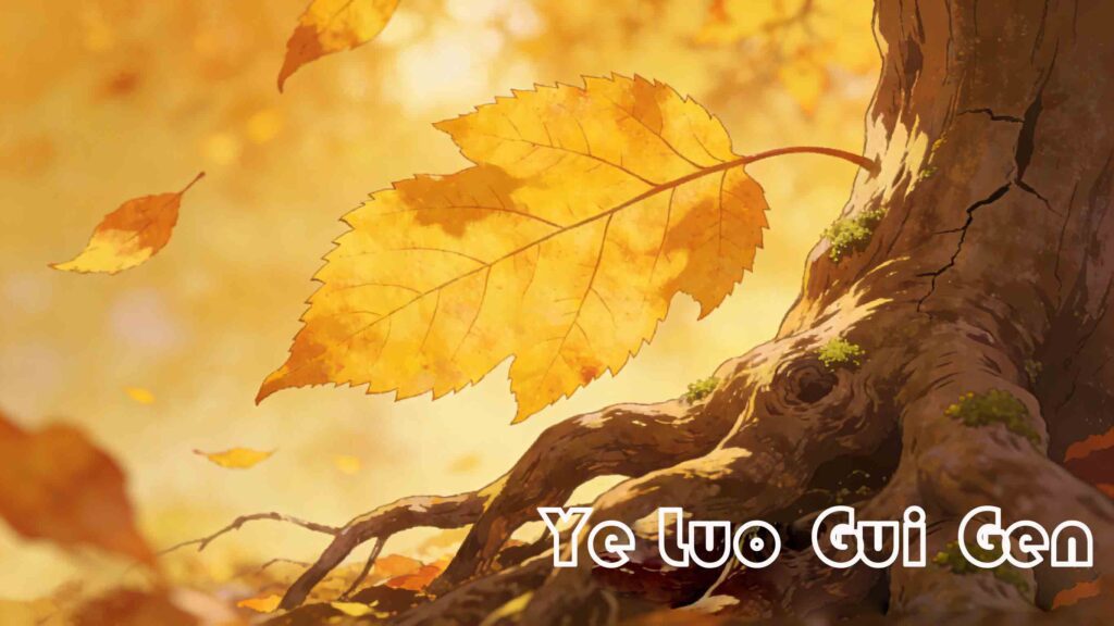 Artistic illustration of yellow leaves falling back to a tree root, symbolizing the Chinese idiom Ye Luo Gui Gen and family roots