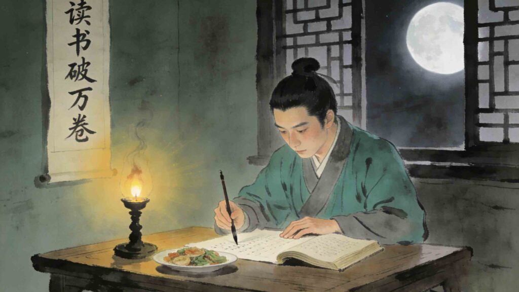 Classic Chinese Phrase Fei Qin Wang Shi illustration, ancient Chinese scholar studying late at night