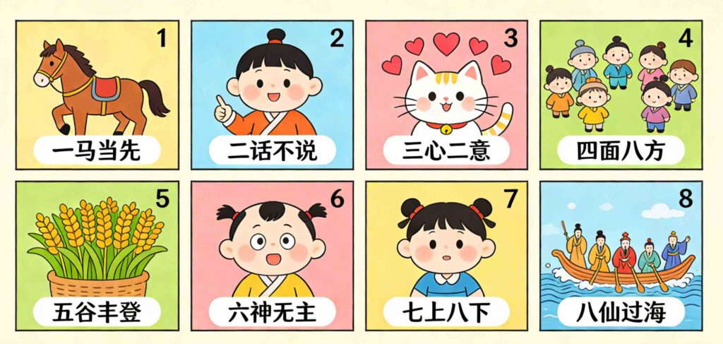 Horizontal collage of 8 Chinese idioms with numbers, cartoon illustrations for kids