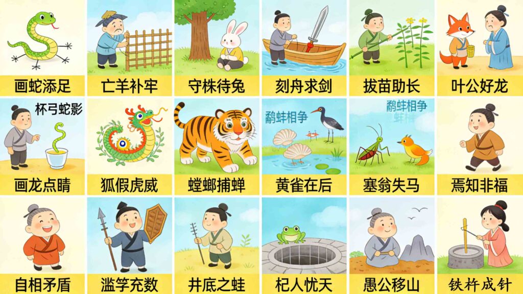 Horizontal collage of 20 common Chinese idioms with cartoon illustrations