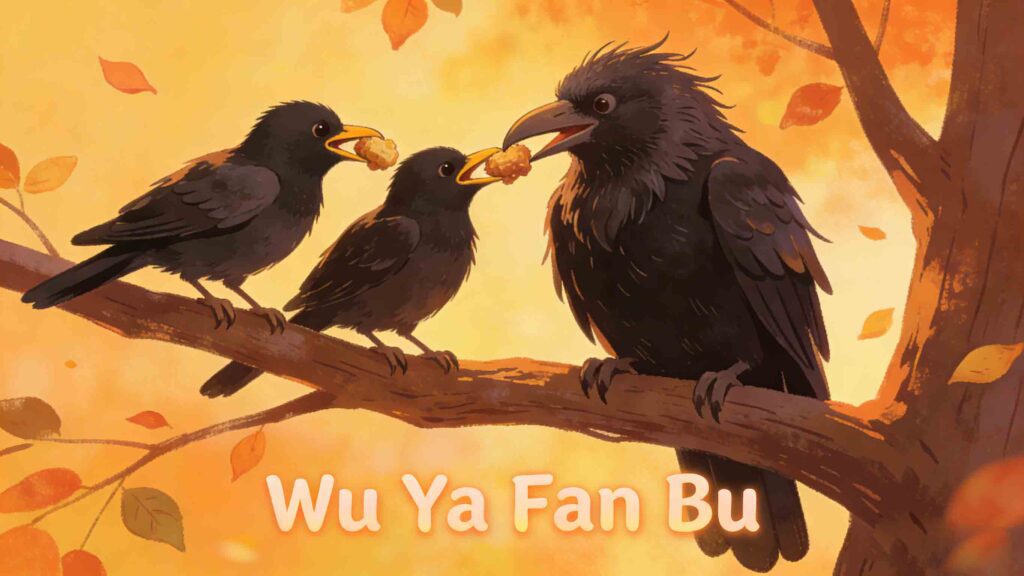 Warm illustration of young crows feeding their elderly mother crow, depicting the Chinese family idiom Wu Ya Fan Bu