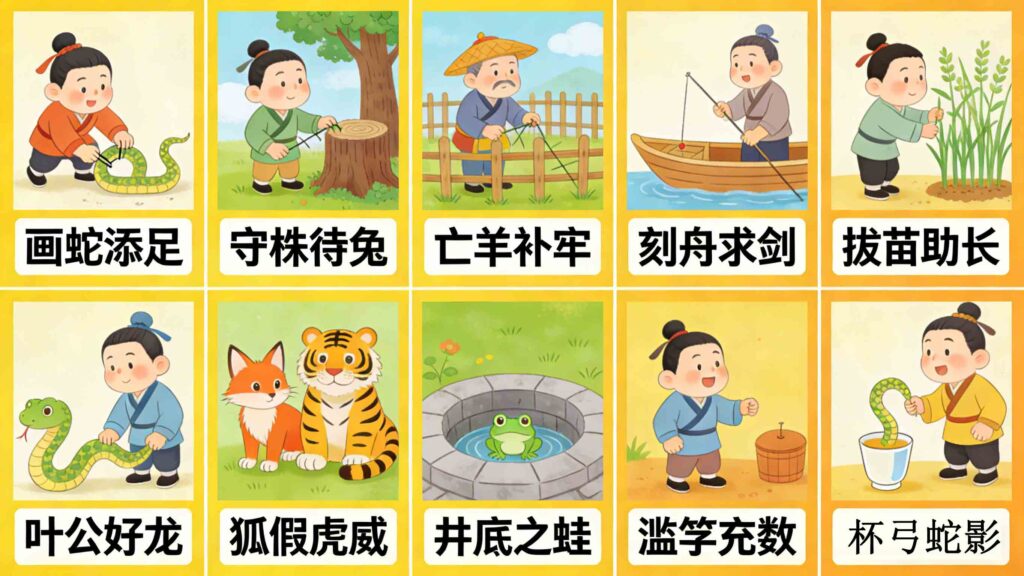 Horizontal collage of 10 famous Chinese idioms with cartoon illustrations for students