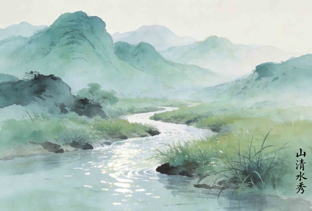 Four-character idioms with the word 'qing' example: shan qing shui xiu (beautiful scenery)