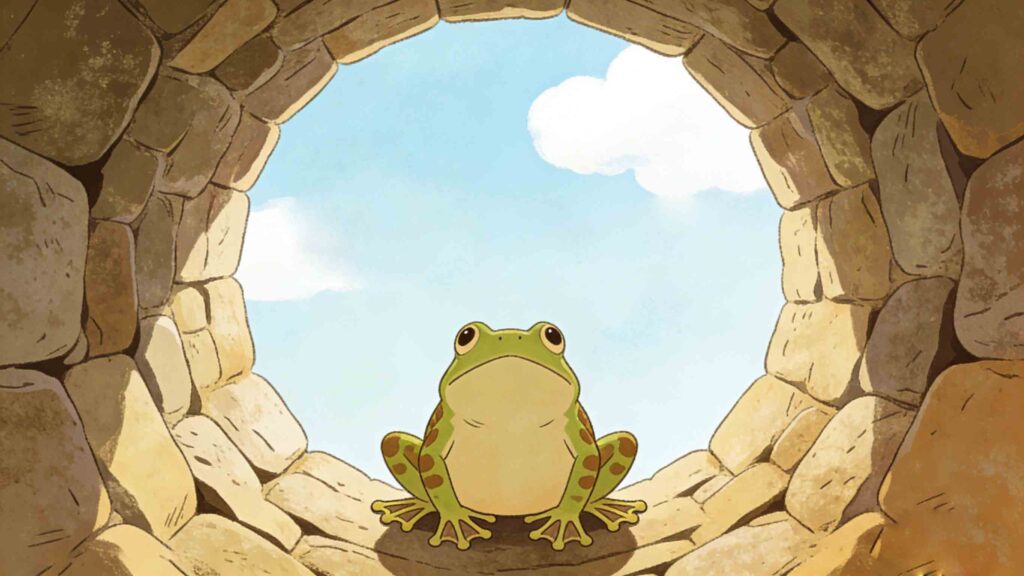 Horizontal illustration of a frog in a well, representing the idiom Jǐng Dǐ Zhī Wā