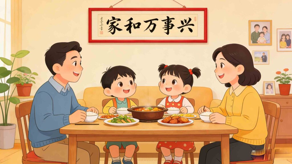 Horizontal warm cartoon of a harmonious Chinese family, representing the idiom Jia He Wan Shi Xing