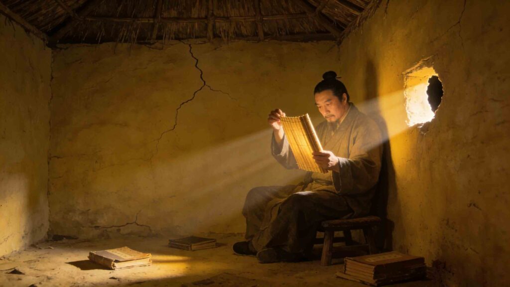 Horizontal illustration of Kuang Heng reading by light through a hole in the wall, ancient Chinese style
