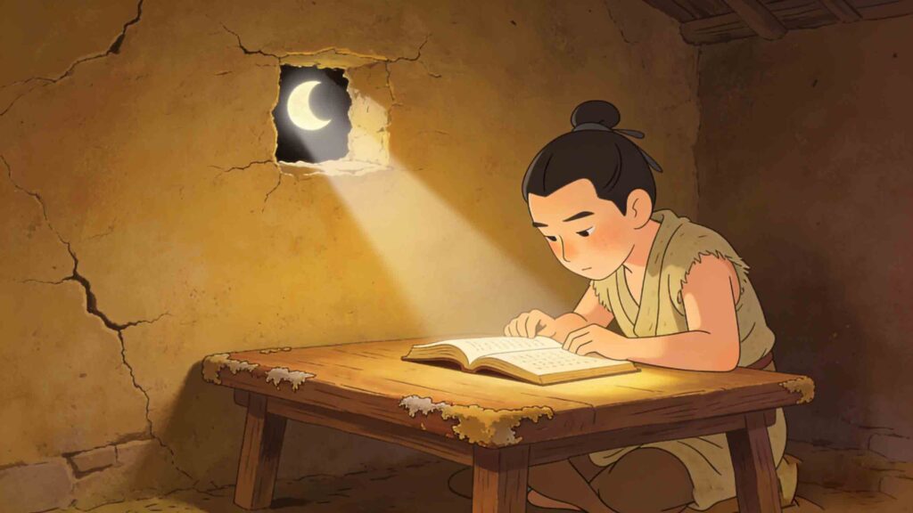 Kuang Heng reading by the light through a hole in the wall, horizontal ancient Chinese style illustration