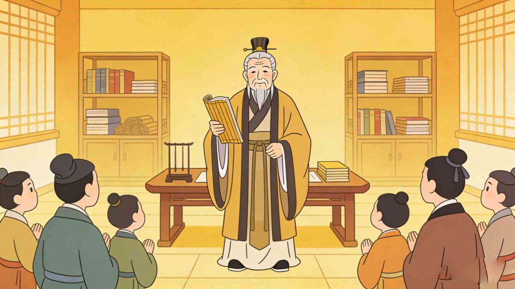 Older Kuang Heng as a respected scholar, horizontal traditional Chinese painting style