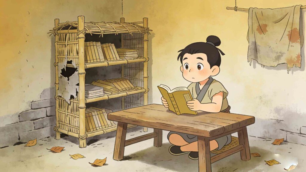 Kuang Heng studying in his simple poor home, horizontal cartoon for students