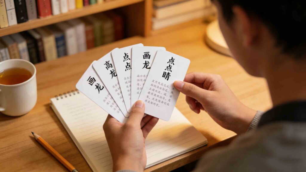 Learning Chinese idioms after knowing what are Chinese idioms - student using chengyu flashcards
