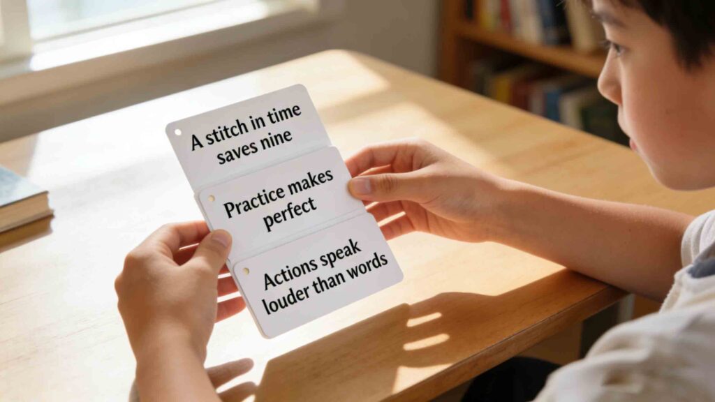 Learning famous Chinese sayings after knowing what are famous Chinese sayings - student using proverb flashcards