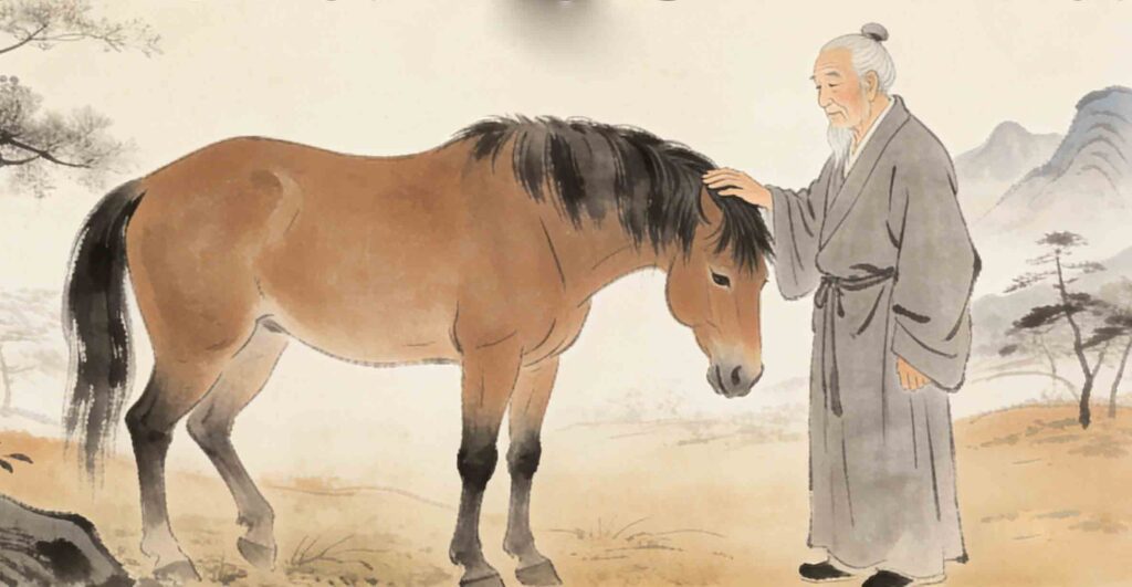 Horizontal illustration of the old man and his horse, showing the idiom Sài Wēng Shī Mǎ