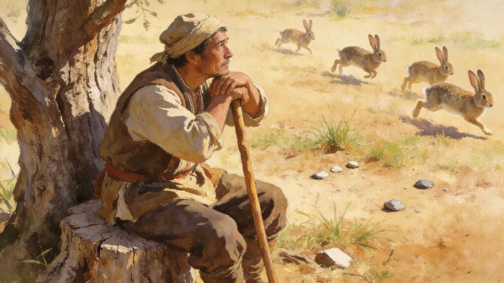 Horizontal illustration of a farmer waiting by a tree stump for rabbits, ancient Chinese style