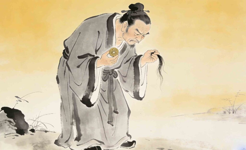 Horizontal illustration of a stingy man holding a single coin and hair, ancient Chinese style