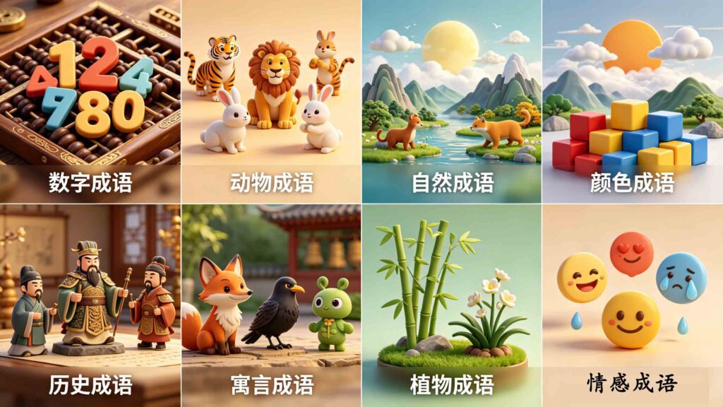 8 categories of chinese chengyu list 3d illustration