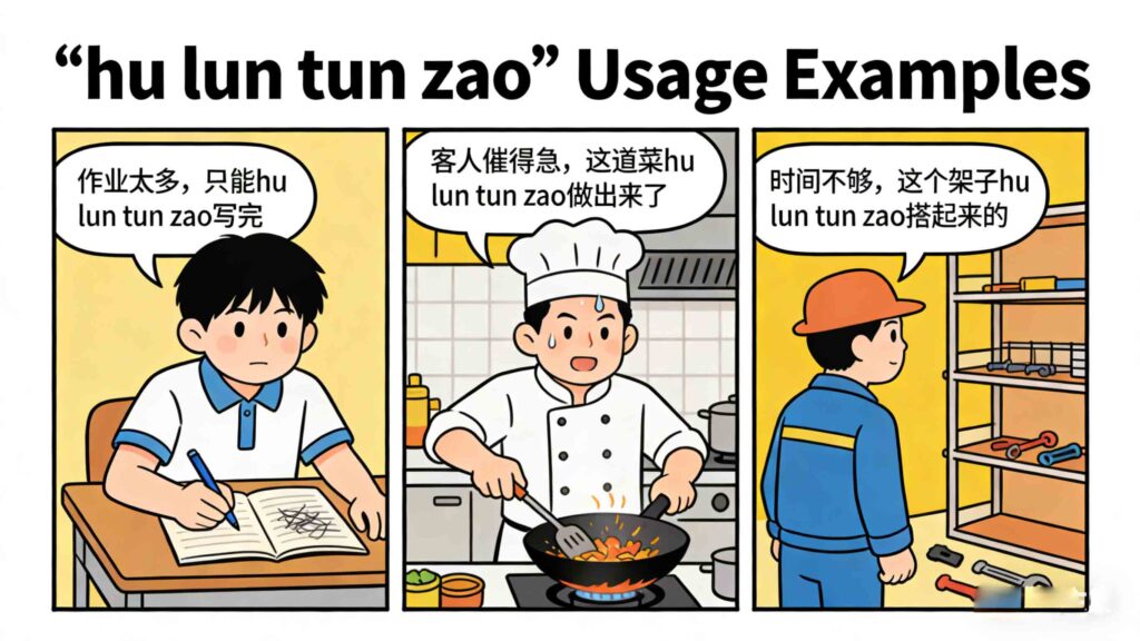 hu lun tun zao mean - daily usage examples in Chinese
